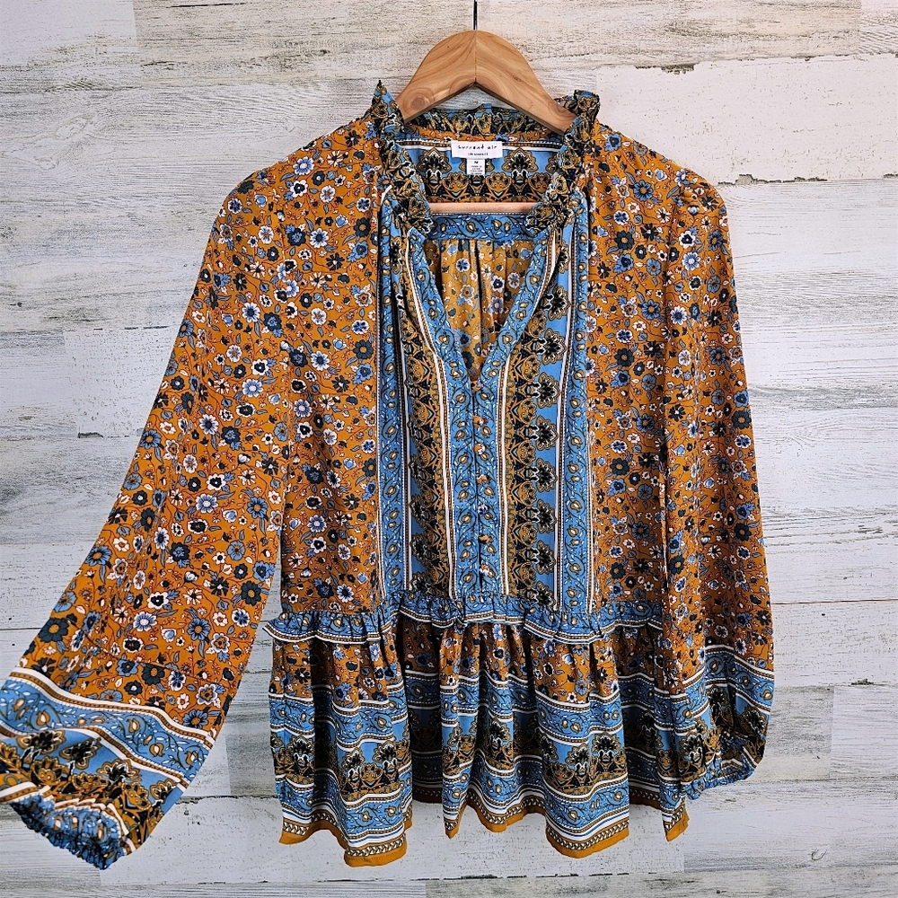 Current Air Boho Folk Floral Ruffle Neck Peasant Blouse Medium Tiered Hem - Picture 6 of 15